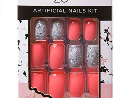 Art 2C - Kit De Uñas Postizas Con Pegamento Fáciles De Poner Y Quitar, 24 Uñas Decoradas, 10 Tamaños, Rosa Y Brillantina Plateada (039), 25 g Online