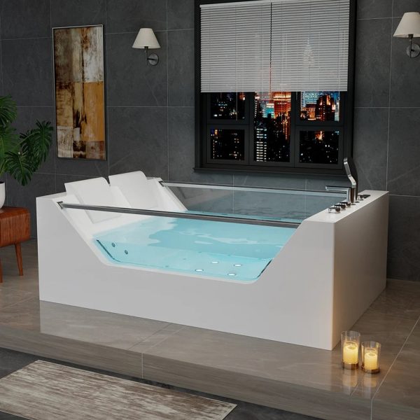 71  Freestanding Combo Massage Whirlpool Inline Heater 2-Person Bathtub with Dual Glass Design Fashion